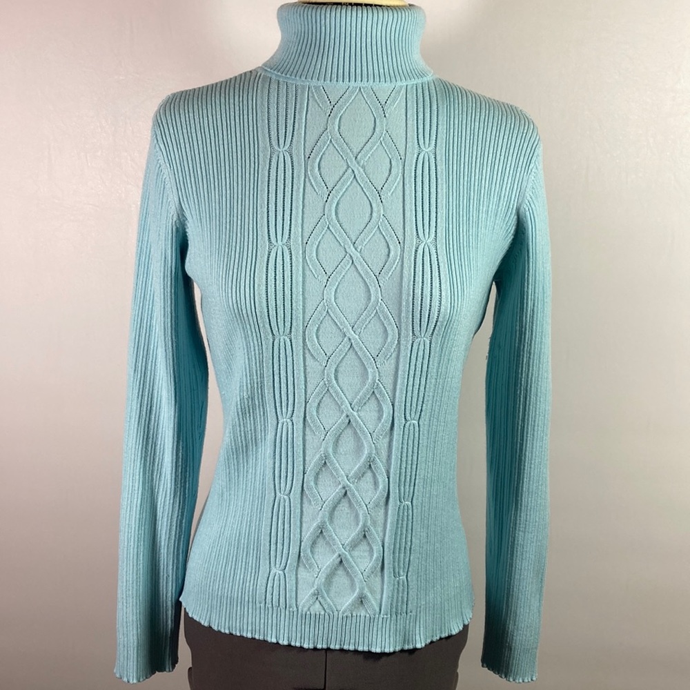 New York & Co Cable Knit Turtleneck Comfortable Long Sleeve  Blue Sweater Size M